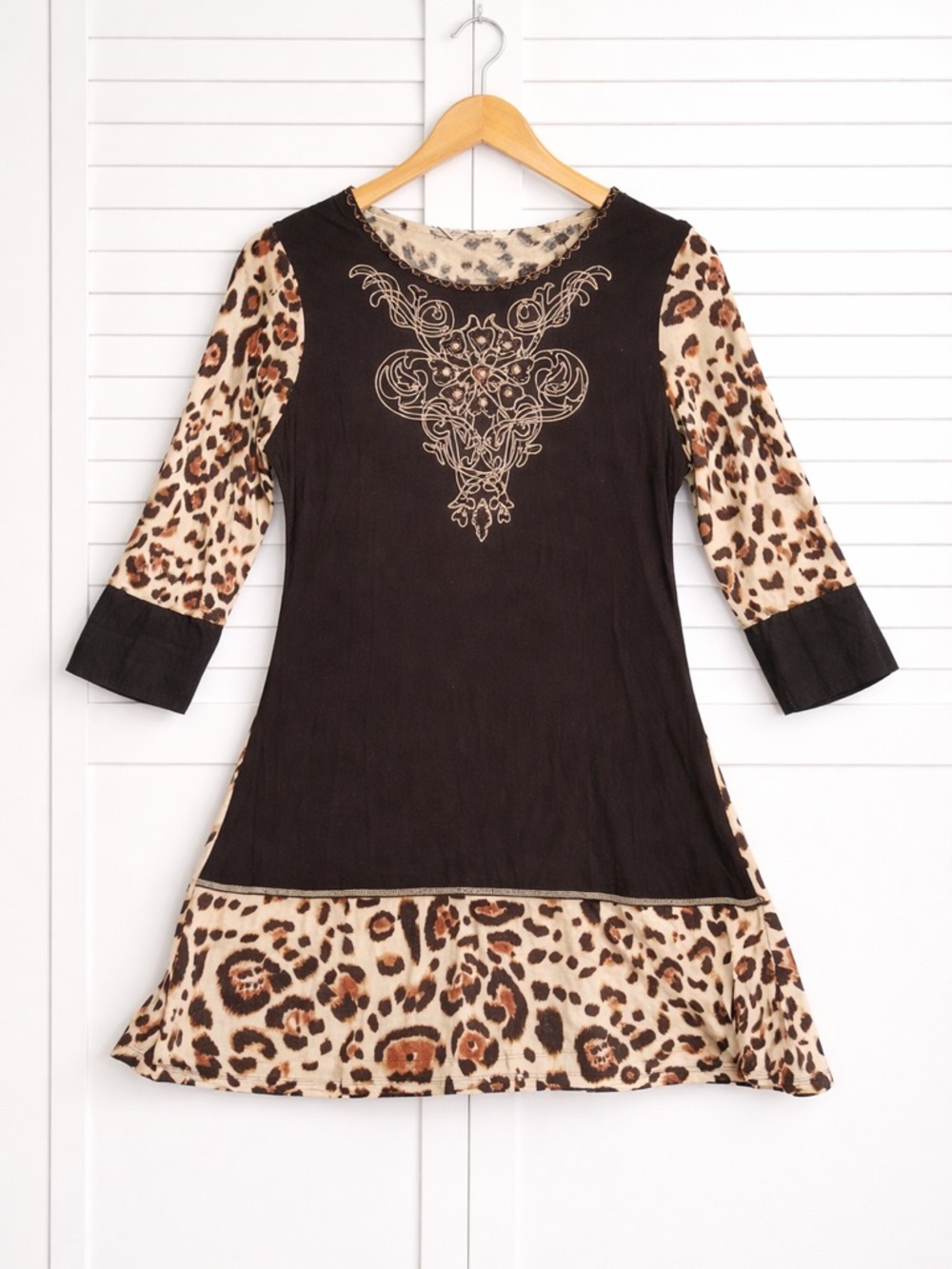 Leopard Y2K Beaded Embellished Tunic Top Shirt Black Western Tribal Large